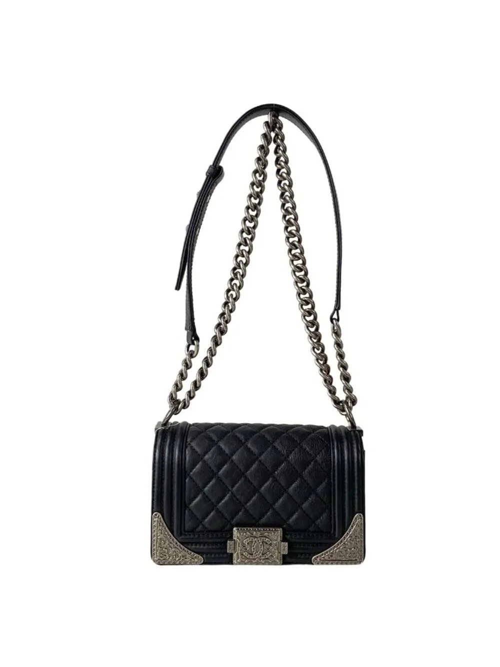 Chanel Shoulder Bag Boy Black Chain Vintage Silver Leather
